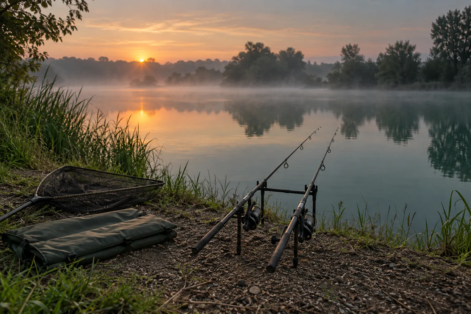 Zwei Karpfenruten mit Kescher und Abhakmatte an einem ruhigen See
