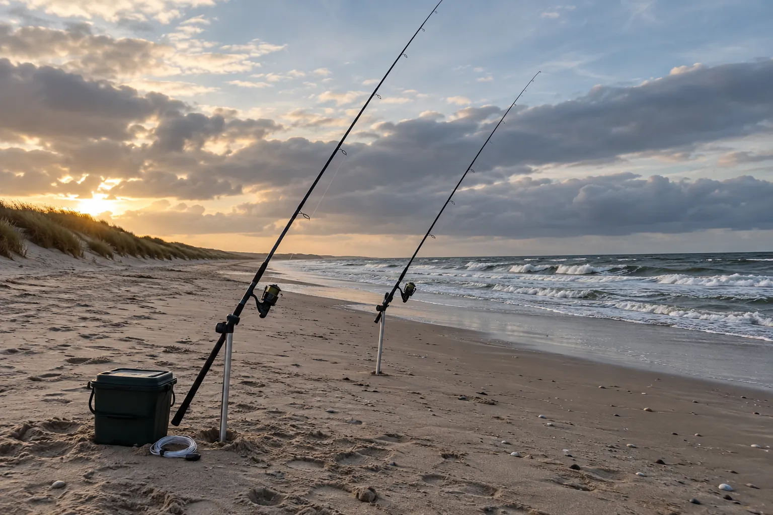 Zwei Brandungsruten auf Sandhaltern an einem weiten Strand