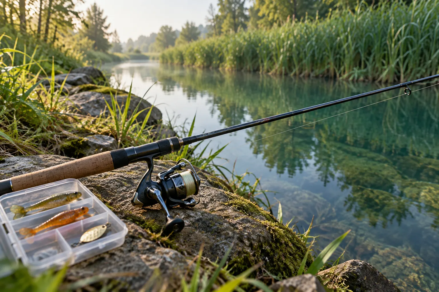 Leichte Spinncombo mit kleinen Ködern an einem bewachsenen Kanal