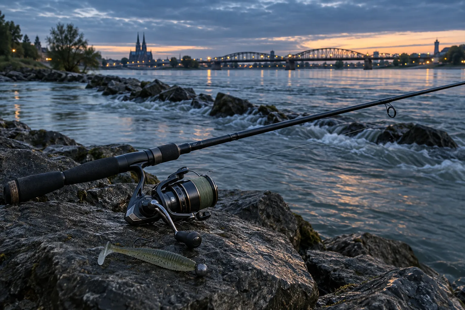 Zander-Spinncombo mit Gummifisch an einem strömenden Fluss